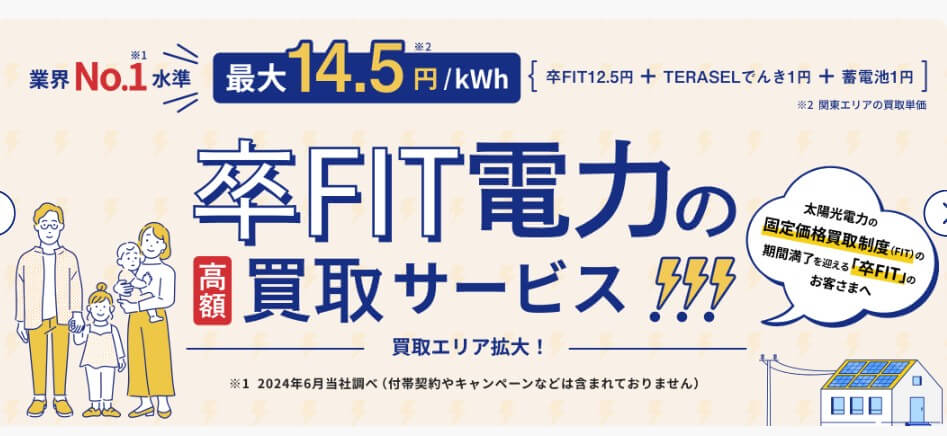 卒FIT後の太陽光発電を高く売りたい方向けのアイキャッチ画像。高額買取・最大14.5円/kWh・業界No.1水準を強調した売電サービス案内。