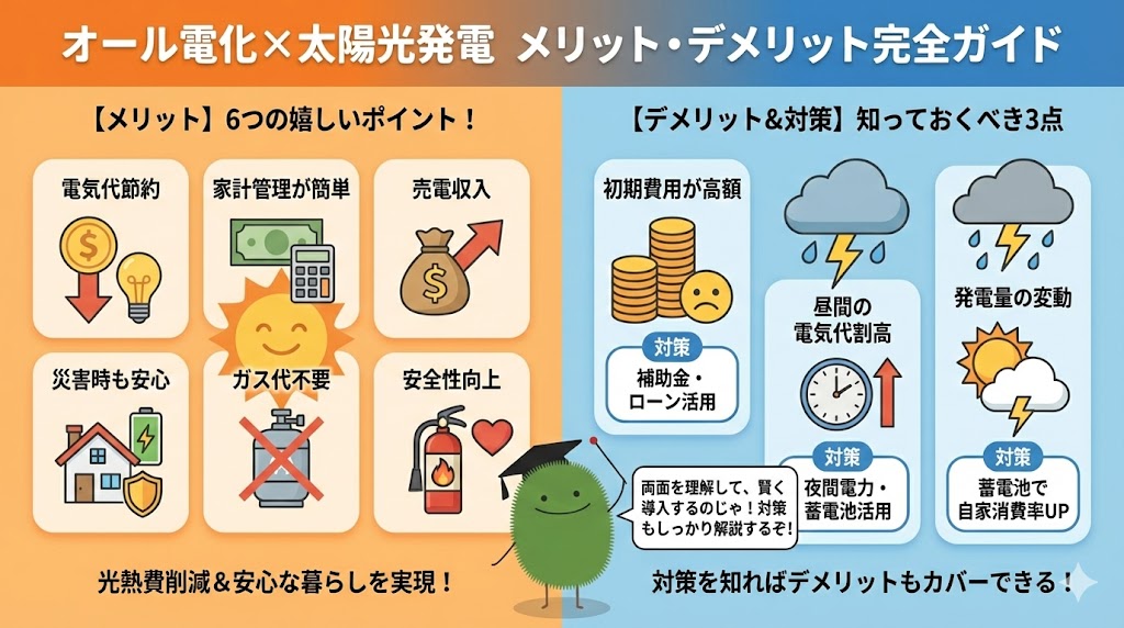 「オール電化×太陽光発電 メリット・デメリット完全ガイド」と題した図解。左側のオレンジ色の領域では「6つの嬉しいポイント」として、電気代節約、家計管理の簡素化、売電収入、災害時の安心、ガス代不要、安全性向上のメリットをアイコン付きで紹介。右側の青色の領域では「知っておくべき3つのデメリット＆対策」として、高額な初期費用（対策：補助金・ローン）、割高な昼間の電気代（対策：夜間電力・蓄電池活用）、発電量の変動（対策：蓄電池で自家消費率UP）を解説。中央下のエコモ博士が両面の理解を促している。