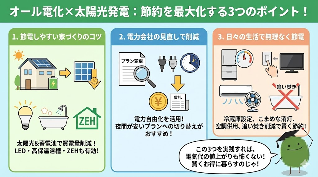 「オール電化×太陽光発電：節約を最大化する3つのポイント！」と題した図解。左の緑のパネルでは「節電しやすい家づくりのコツ」として、太陽光・蓄電池の導入、LED照明、高保温浴槽、ZEHの有効性をイラストで解説。中央の青のパネルでは「電力会社の見直しで削減」として、電力自由化を活用し夜間が安いプランへの切り替えを推奨。右のオレンジのパネルでは「日々の生活で無理なく節電」として、冷蔵庫の設定見直し、こまめな消灯、エアコンとサーキュレーターの併用、追い焚きの削減を提案。右下のエコモ博士がこれらの実践を促している。