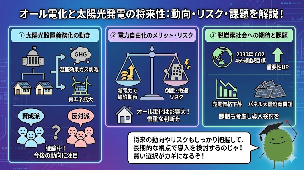 「オール電化と太陽光発電の将来性：動向・リスク・課題を解説！」と題した図解。左のパネルでは「太陽光設置義務化の動き」について、目的（温室効果ガス削減、再エネ拡大）と現状の議論（賛成派・反対派）を説明。中央のパネルでは「電力自由化のメリット・リスク」について、新電力による節約期待と倒産・撤退リスクを天秤にかけて示し、オール電化への影響の大きさを指摘。右のパネルでは「脱炭素社会への期待と課題」について、2030年の削減目標に向けた重要性の高まりと、売電価格下落やパネル大量廃棄問題といった課題を併記。右下のエコモ博士が長期的な視点での検討を促している。