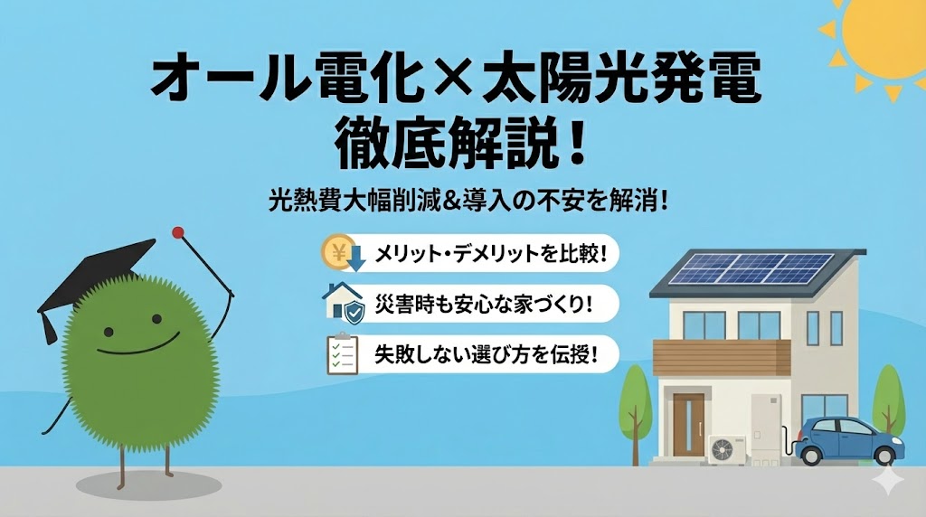 記事のアイキャッチ画像。タイトルは「オール電化×太陽光発電 徹底解説！ 光熱費大幅削減＆導入の不安を解消！」。メリット・デメリットの比較、災害時の安心、失敗しない選び方の3点を解説することを示すアイコンとテキストが並ぶ。右側には太陽光パネル付きの家と電気自動車、左下には案内役のキャラクター「エコモ博士」が描かれている。